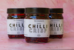 Load image into Gallery viewer, Three 500ml jars of chilli crisp flanking each other
