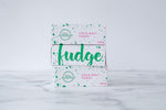 Load image into Gallery viewer, Three white fudge boxes are stacked on a neutral background. Paint splashes in hunter green and pink surround a messy circled logo for The Counter and the words &#39;Coco Malt fudge&#39; are written in cerise pink block lettering on the first and third box. The middle box has large hunter green lettering states &#39;fudge&#39; and is surrounded by hunter green and cerise pink paint splashes.
