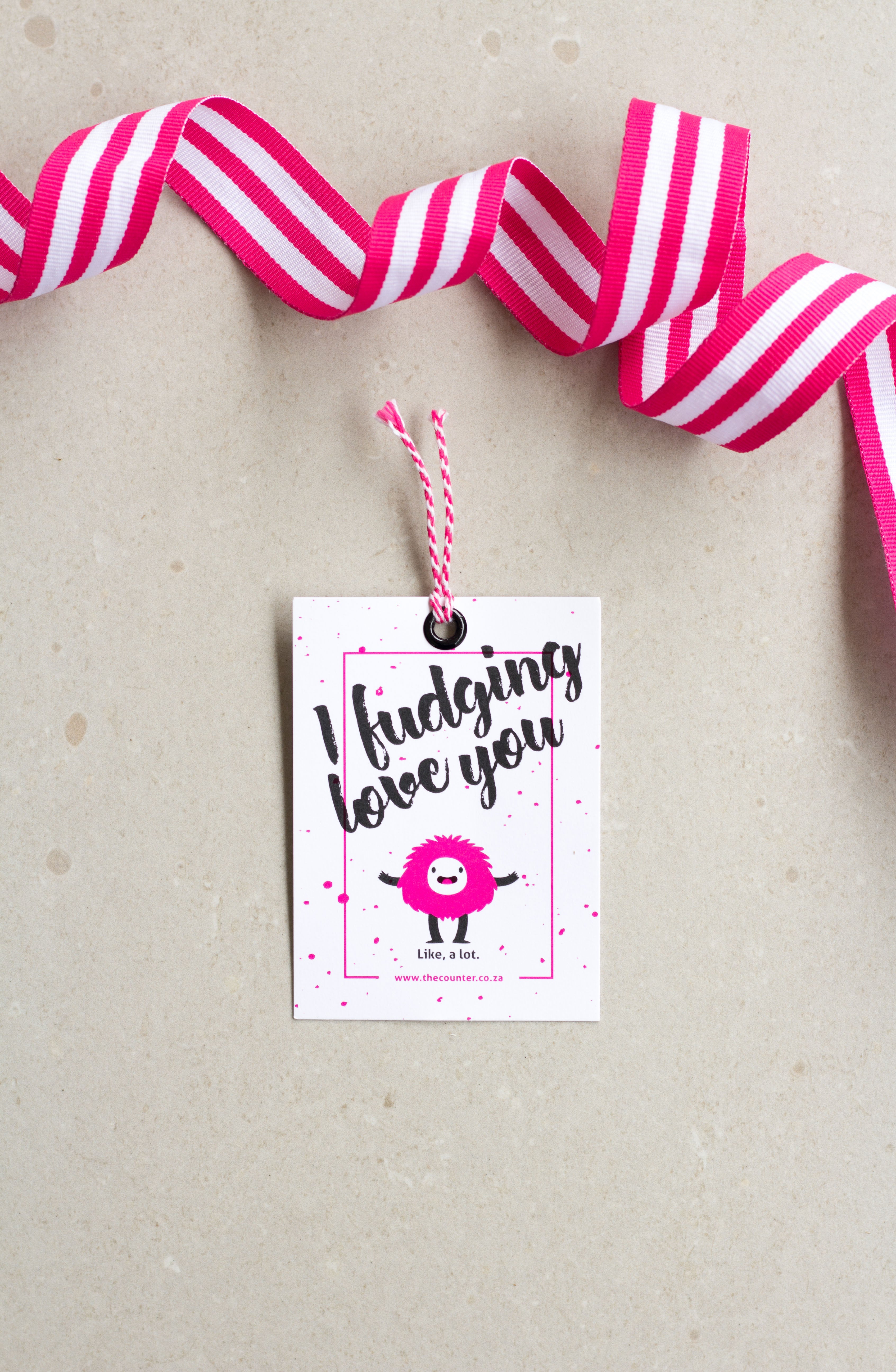 'I Fudging Love You' swing tag with striped pink ribbon